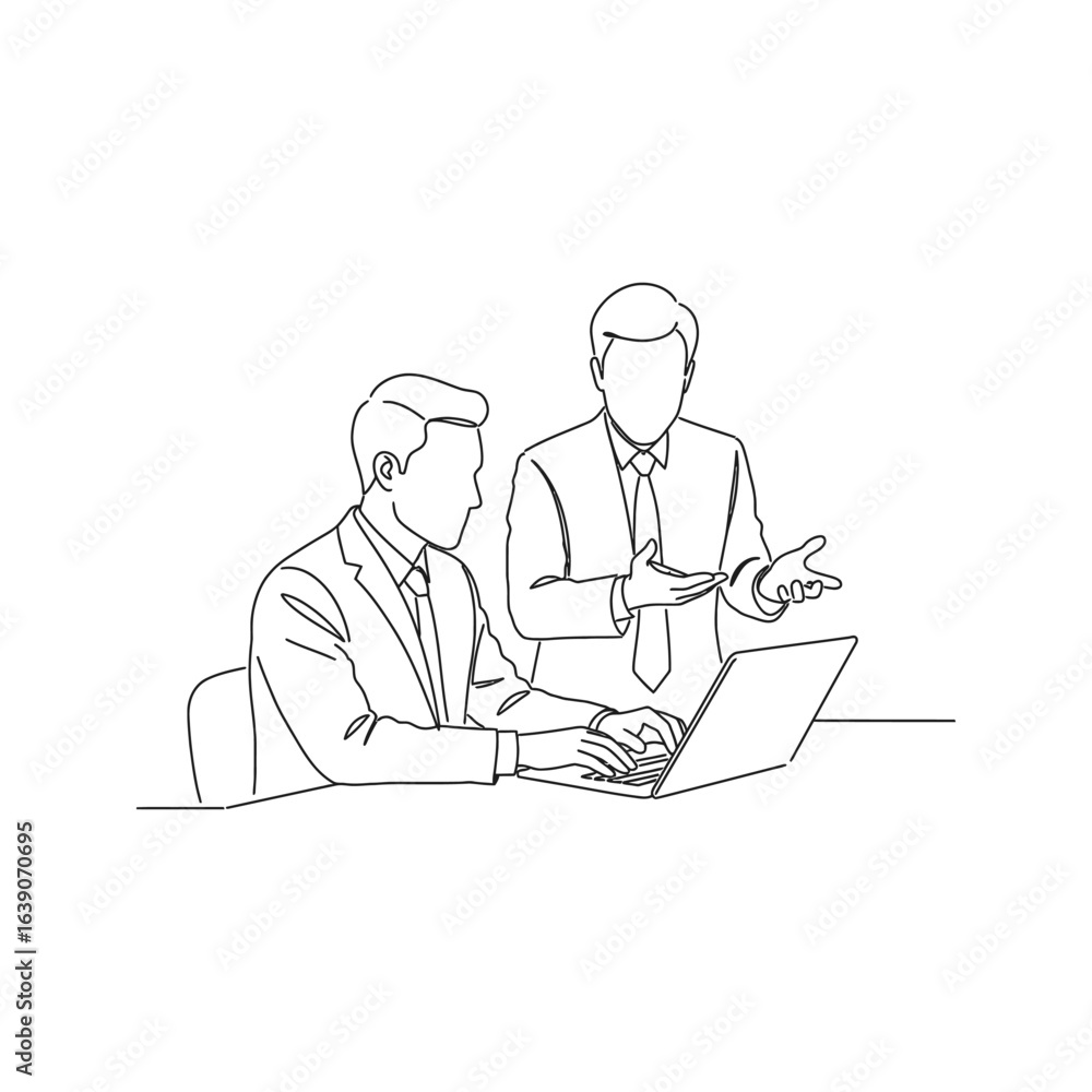 Businessmen discussing project on laptop single line art collaboration teamwork meeting office work strategy planning presentation success Businessmen discussing project on laptop single line art collaboration teamwork meeting office work strategy planning presentation success
