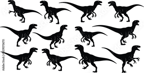 Velociraptor silhouette illustration, dinosaur vector graphic, prehistoric reptile clipart, raptor side profile, scientific pose design, black dinosaur art