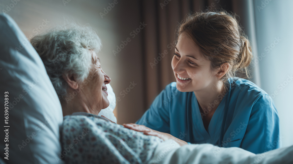 Obraz premium Nurse Caring for Elderly Patient in Hospital Bed