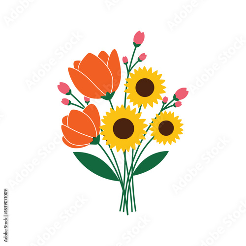 Vibrant Sunflower and Tulip Bouquet Illustration  Spring Flowers Summer Blooms Floral Design