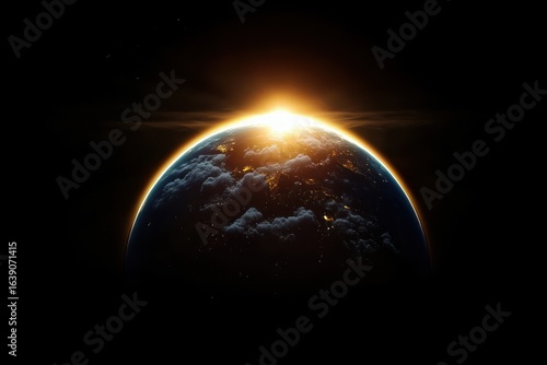 Sunrise over the Earth from space showing illuminated continents with clouds and dark outer space background