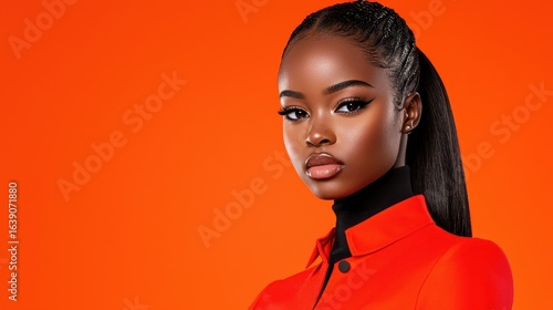 Confident Young Black Woman in Red Turtleneck Against Orange Background