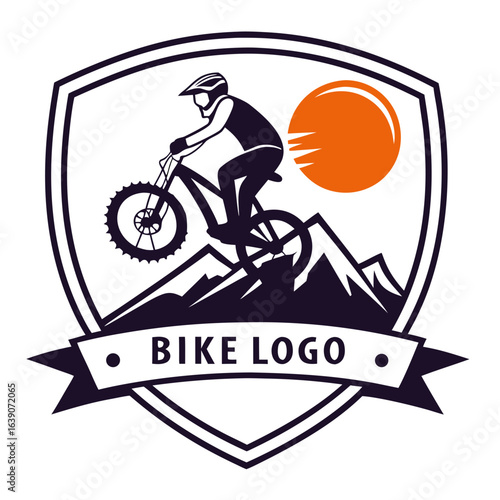 Mountain Bike Shop Logo: Silhouette Rider, Rising Sun Badge.

