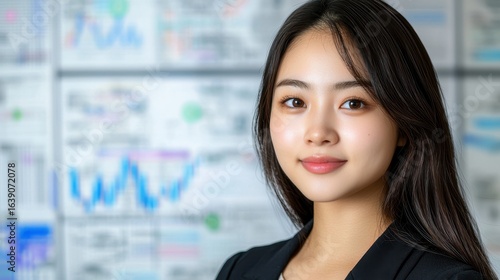 Confident Young Businesswoman Portrait Against Financial Charts Background