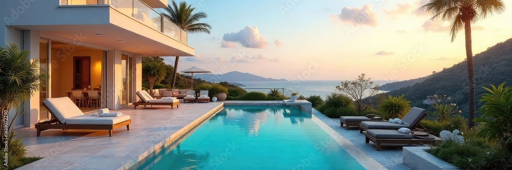 Fototapeta premium Luxurious townhouse holiday villa, perfect for a family getaway Enjoy spacious interiors, a private patio, and stunning views Ideal for a relaxing vacation , comfortable, bathrooms