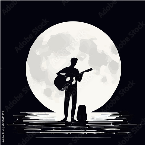 Minimal black and white man playing guitar under moonlight vector silhouette illustration