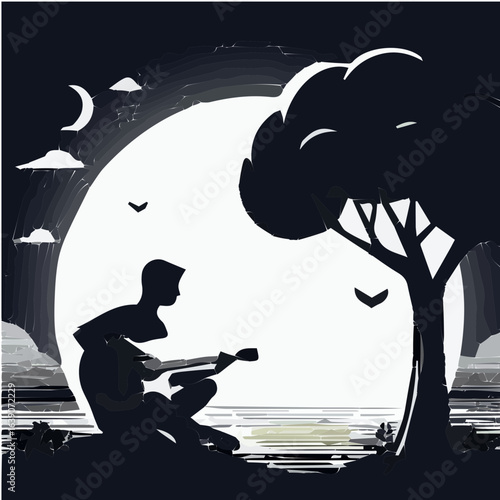 Minimal black and white man playing guitar under moonlight vector silhouette illustration