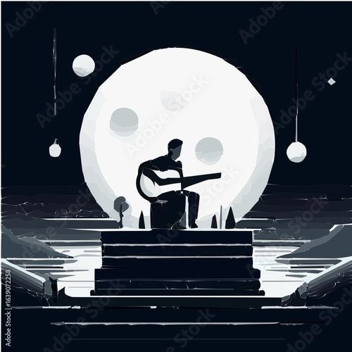 Minimal black and white man playing guitar under moonlight vector silhouette illustration