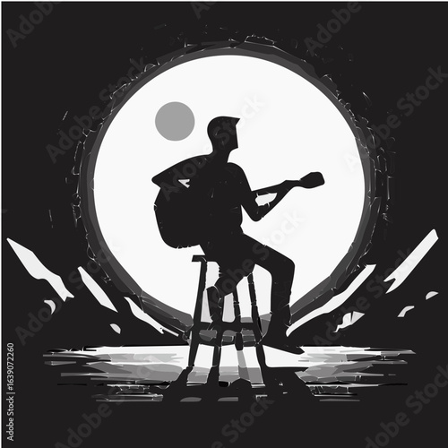 Minimal black and white man playing guitar under moonlight vector silhouette illustration
