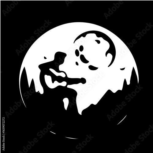 Minimal black and white man playing guitar under moonlight vector silhouette illustration