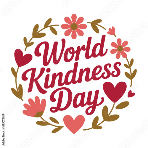 World Kindness Day text with a simple floral and heart border in muted tones greeting