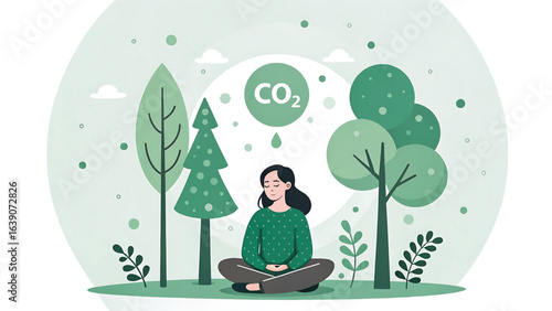 Woman meditating in a forest surrounded by trees promoting carbon neutrality and environmental conservation advocating for a sustainable future