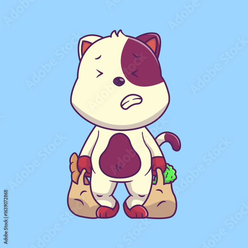 White Cat Carrying Groceries Illustration
