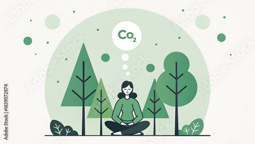 Woman Meditating in Nature to Reduce Carbon Dioxide Thinking About Environmental Conservation and Positive Effects on the Ecosystem