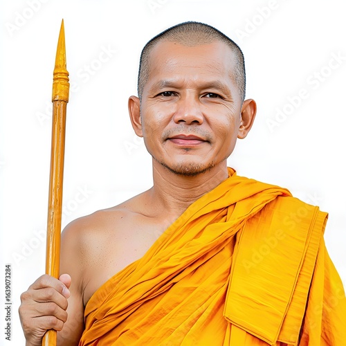 Buddhist Monk in Saffron Robes Holding Golden Staff Against a White Background
