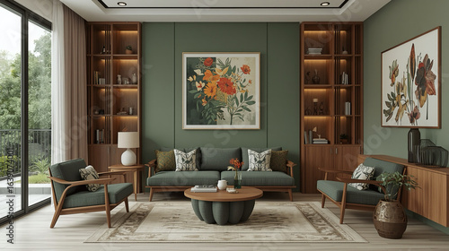 Elegant Interior Design with Comfortable Seating and Artistic Floral Accents Composition