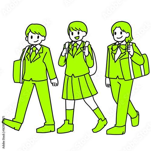 ジェンダーレス制服の男子高校生たちの明るい単色イラスト