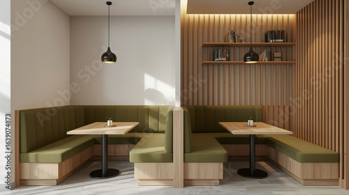 Modern Minimalist Booth Seating with Wooden Table Interior Design Restaurant