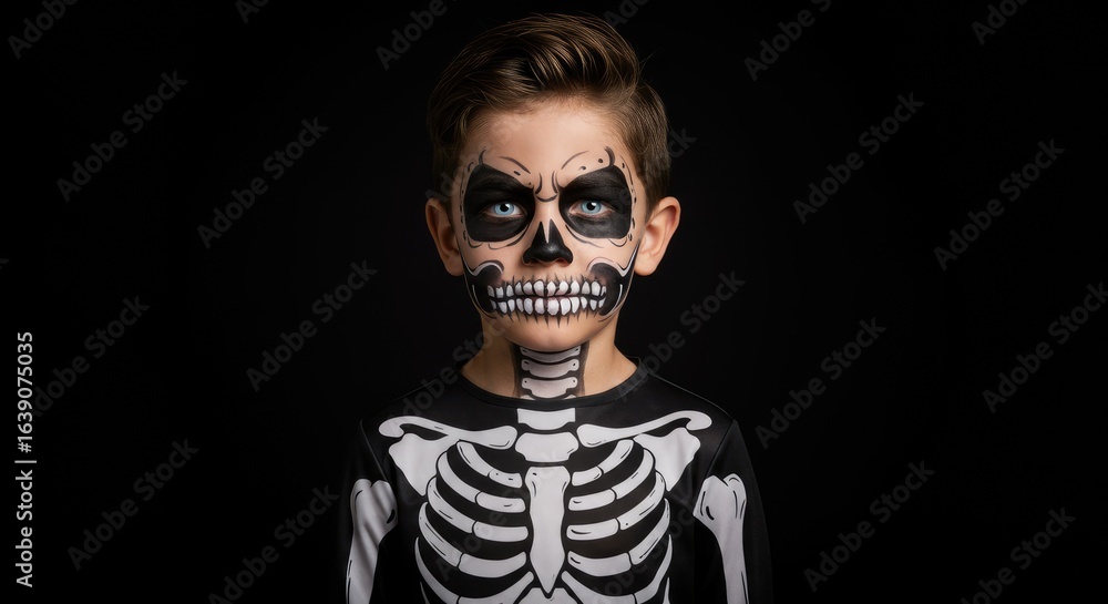 Young boy with skeleton face paint and costume looking forward Young boy with skeleton face paint and costume looking forward