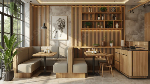Cozy Minimalist Restaurant Interior with Booth Seating and Wooden Accents Design