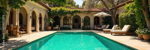 Sun-drenched vintage pool scene, turquoise water shimmering, classic architecture and lush greenery surrounding a tranquil oasis , architecture, greenery, elegant