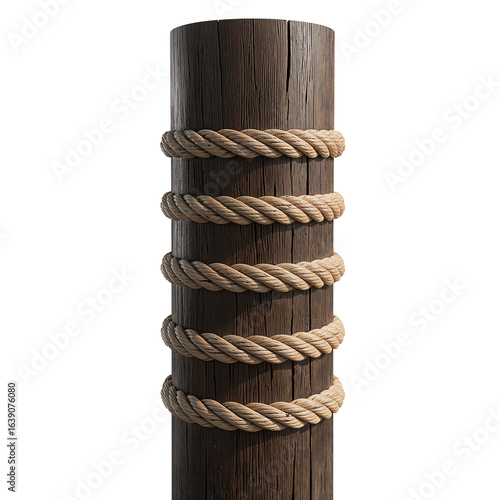 Textured wooden piling, nautical rope tied secure, weathered surface, isolated transparent