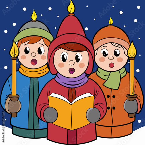 A group of carol singers performing in the snow on a winter night isolated on white background