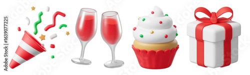 Christmas Celebration 3D Icon Set with Popper Champagne Glass Cupcake and Gift Box Isolated on Png Transparent