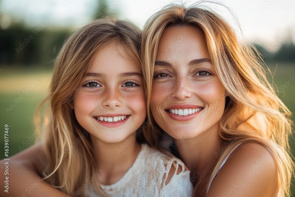 Obraz premium Close-up portrait of a happy mother and daughter smiling together outdoors with natural light and blurred greenery background