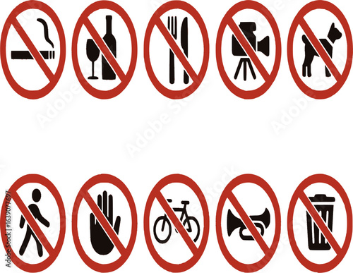 ten prohibition signs clearly displayed