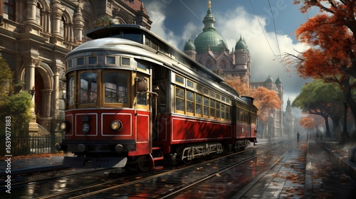 A historic tram running through an old city