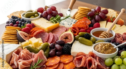 Overhead view of charcuterie board with variety of meats, cheese, fruits, and crackers