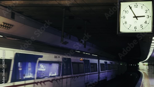 Moving Train in Metro Station and Big Clock