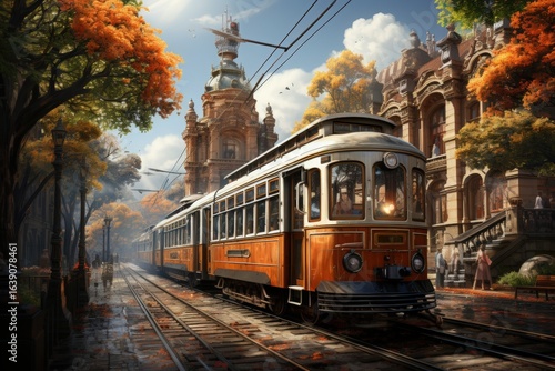 A historic tram running through an old city