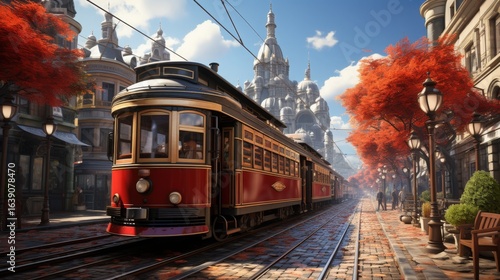 A historic tram running through an old city
