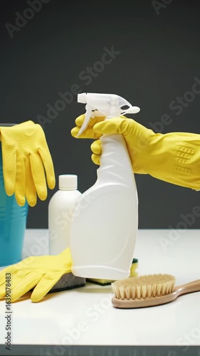 high-angle wide video of an immaculately organized display of cleaning supplies on a reflective white countertop, bathed in bright studio light. A hand in a vivid yellow glove selects, sprays, and