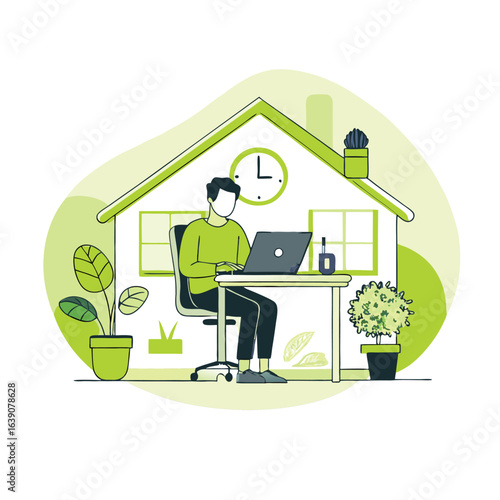 Remote Work Illustration: Man Working from Home Office, Laptop, Green Design, Productivity, Freelance