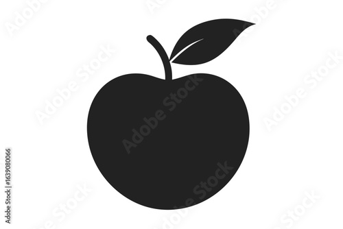 Simple black silhouette of an apple with a leaf and stem