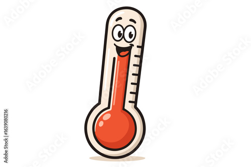 Cheerful cartoon thermometer character smiling with a red liquid reading