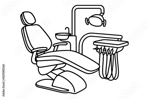 Outline illustration of dental chair and equipment in dental office