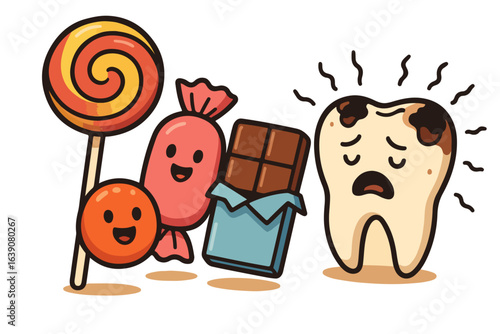 Cute illustration of candy and sad tooth representing dental health challenges