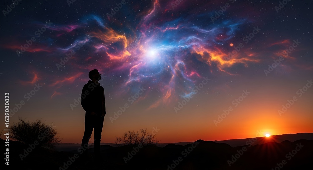 Obraz premium Silhouette of a Man Gazing at a Spectacular Cosmic Sky with Vibrant Nebula and Distant Planets during Sunset in a Dreamy Landscape