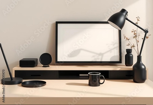 Beige minimalist desk, black accents, art print, coffee mug, pen, flower vase, subtle shadows,   flatlay,  home office
