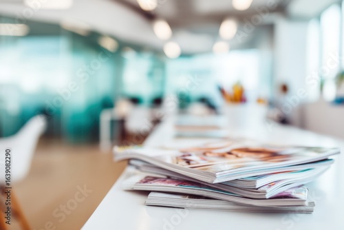 A stack of magazines sits on a white desk in a modern office with blurred background, showcasing a bright and airy workspace
