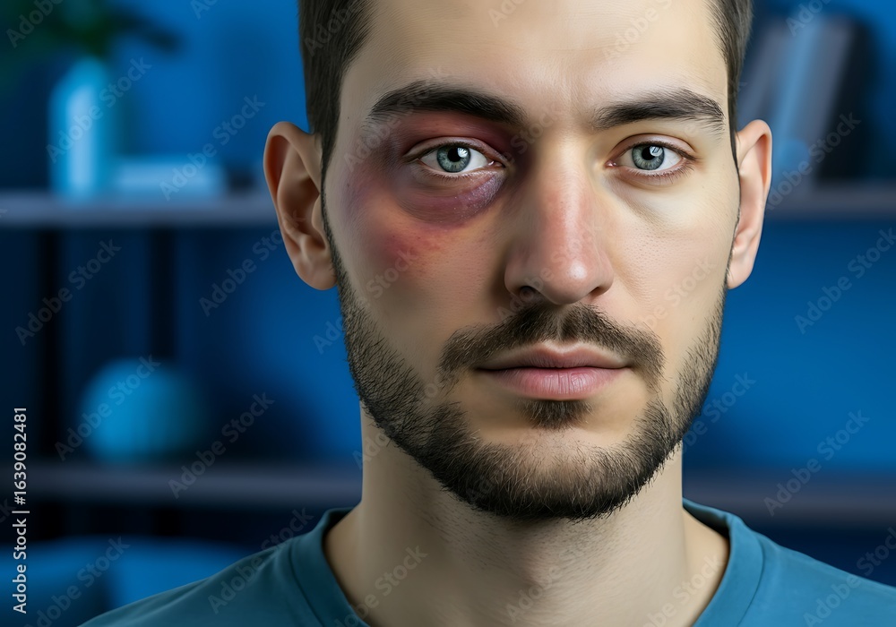 Fototapeta premium Portrait of a man with a bruise under his eye depicting violence or injury and highlighting safety awareness and health concerns