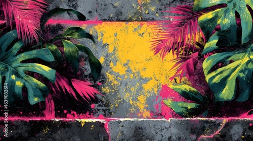 Lush vibrant tropical plants and leaves with bold expressive colors and textures creating a dynamic nature inspired background