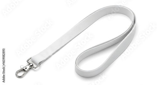 A simple white lanyard with a silver metal clasp hook, isolated on a white background.