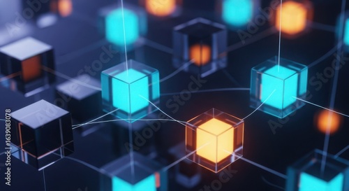 Abstract digital network of glowing geometric shapes connected by luminous lines representing data flow and connectivity