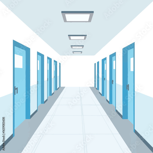 Modern hospital hallway with blue doors and fluorescent lights, healthcare concept