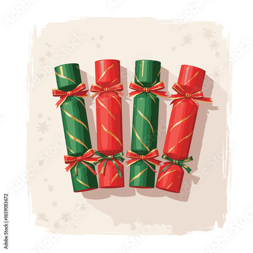 Festive Christmas crackers adorned with ribbons on white table, holiday cheer